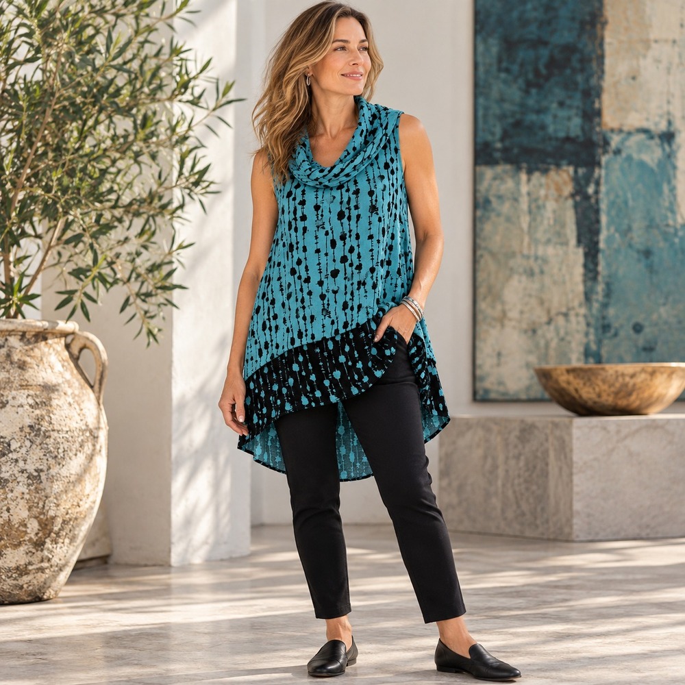 Habitat Abstract Sleeveless Cowl Neck Tunic Top Sz XS Teal Black Artsy Lagenlook